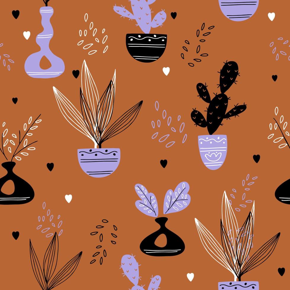 Seamless pattern with potted indoor flowers and cacti. Vector. vector