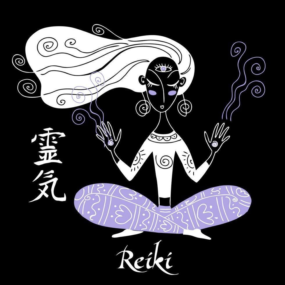 Reiki healing. A girl in the lotus position conducts a Reiki session. Vector. vector