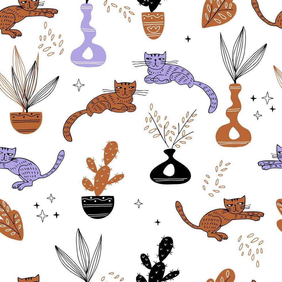 Seamless pattern with cute cats and flowers and cacti in pots. Vector. vector