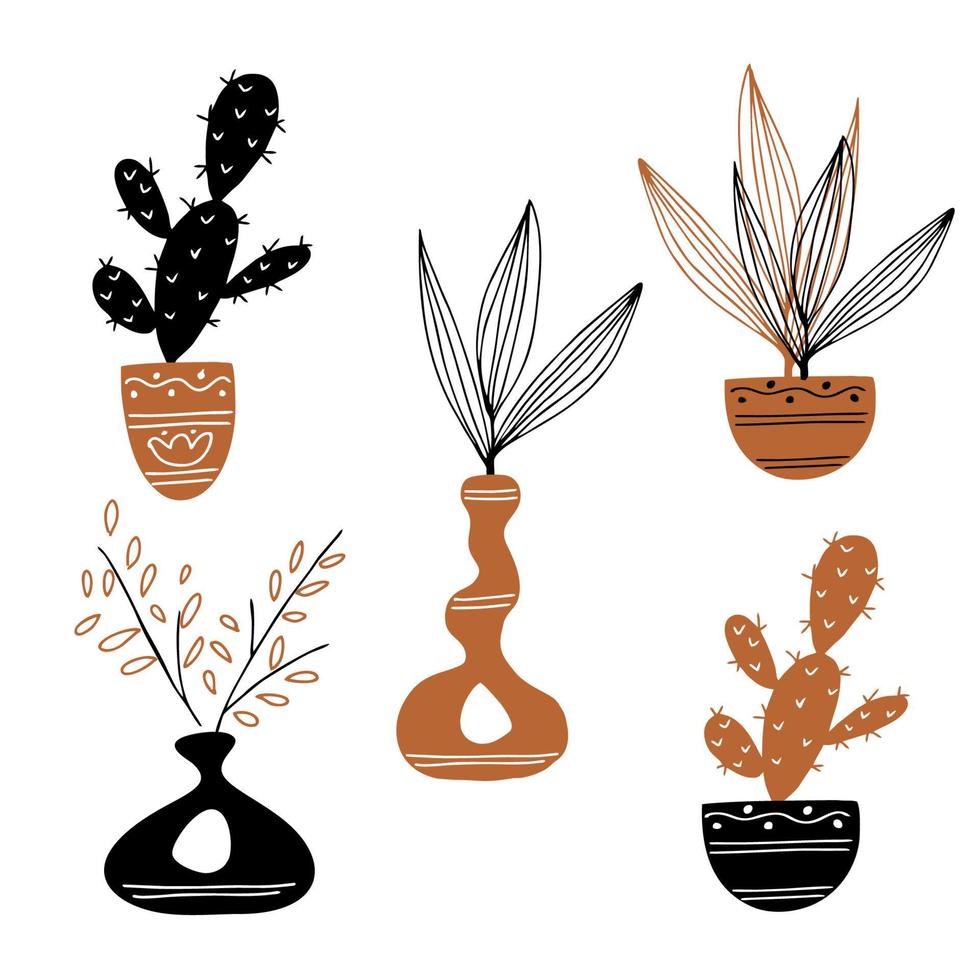 un conjunto de imágenes prediseñadas con macetas de flores y cactus. vector. vector