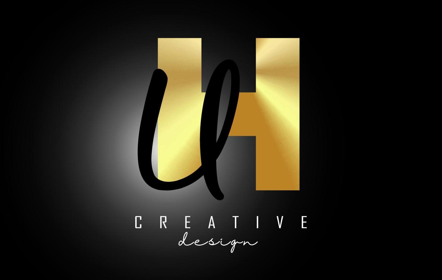 Golden Letters HU Logo with a minimalist design. Letters H and U with geometric and handwritten typography. vector