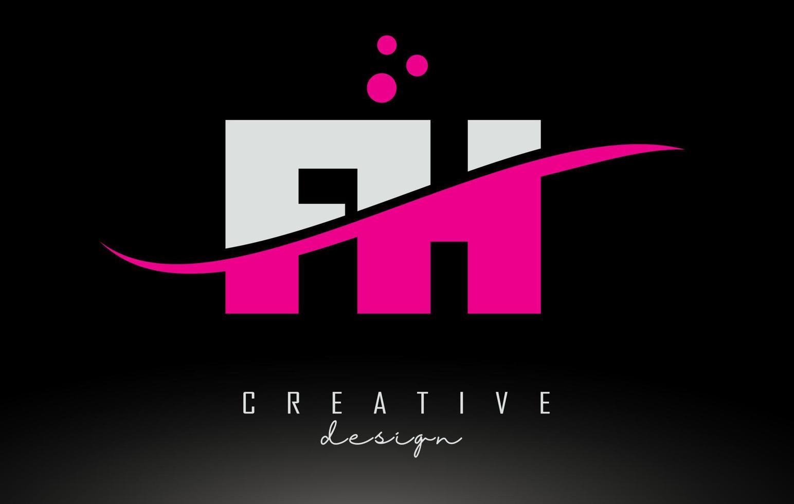 FH F H white and pink Letter Logo with Swoosh and dots. vector