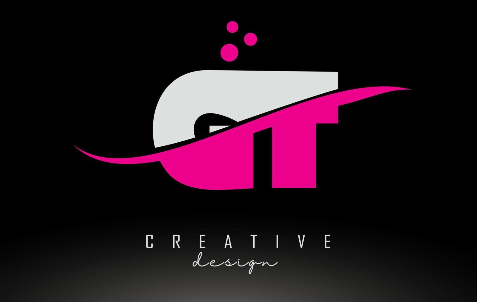 GT G T white and pink Letter Logo with Swoosh and dots. vector