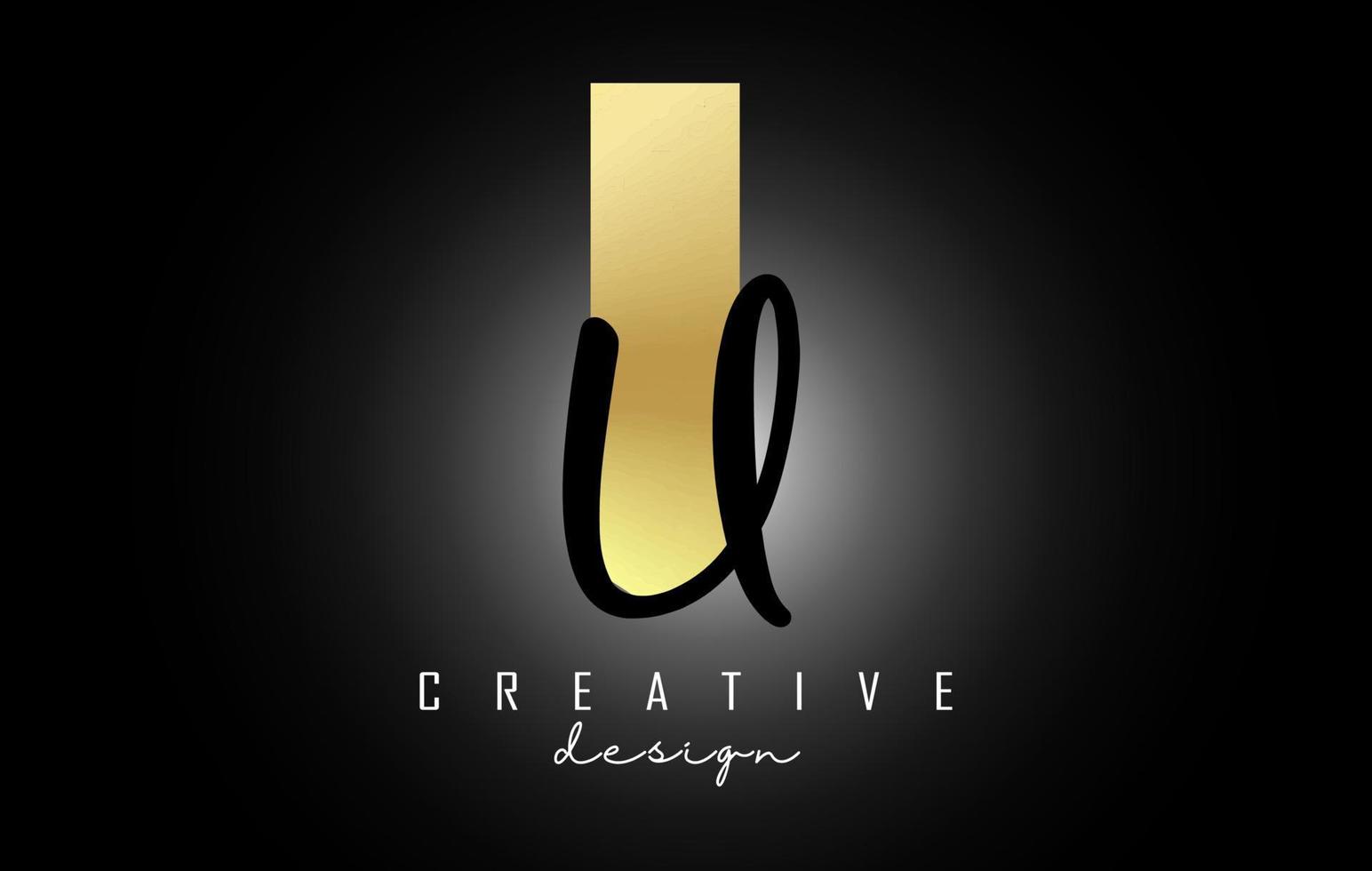 Golden Letters IU Logo with a minimalist design. Letters I and U with geometric and handwritten typography. vector