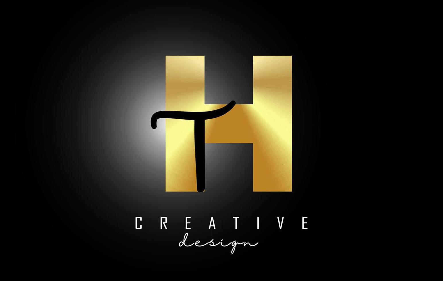 Golden Letters HT Logo with a minimalist design. Letters H and T with geometric and handwritten typography. vector