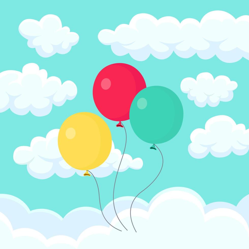 montón de globos de helio, bolas de aire volando en el cielo. feliz cumpleaños, concepto de vacaciones. decoración de fiesta diseño de dibujos animados de vectores