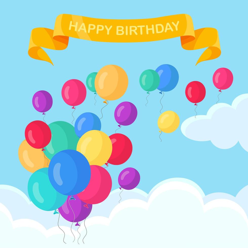 montón de globos de helio, bolas de aire volando en el cielo. feliz cumpleaños, concepto de vacaciones. decoración de fiesta diseño de dibujos animados de vectores