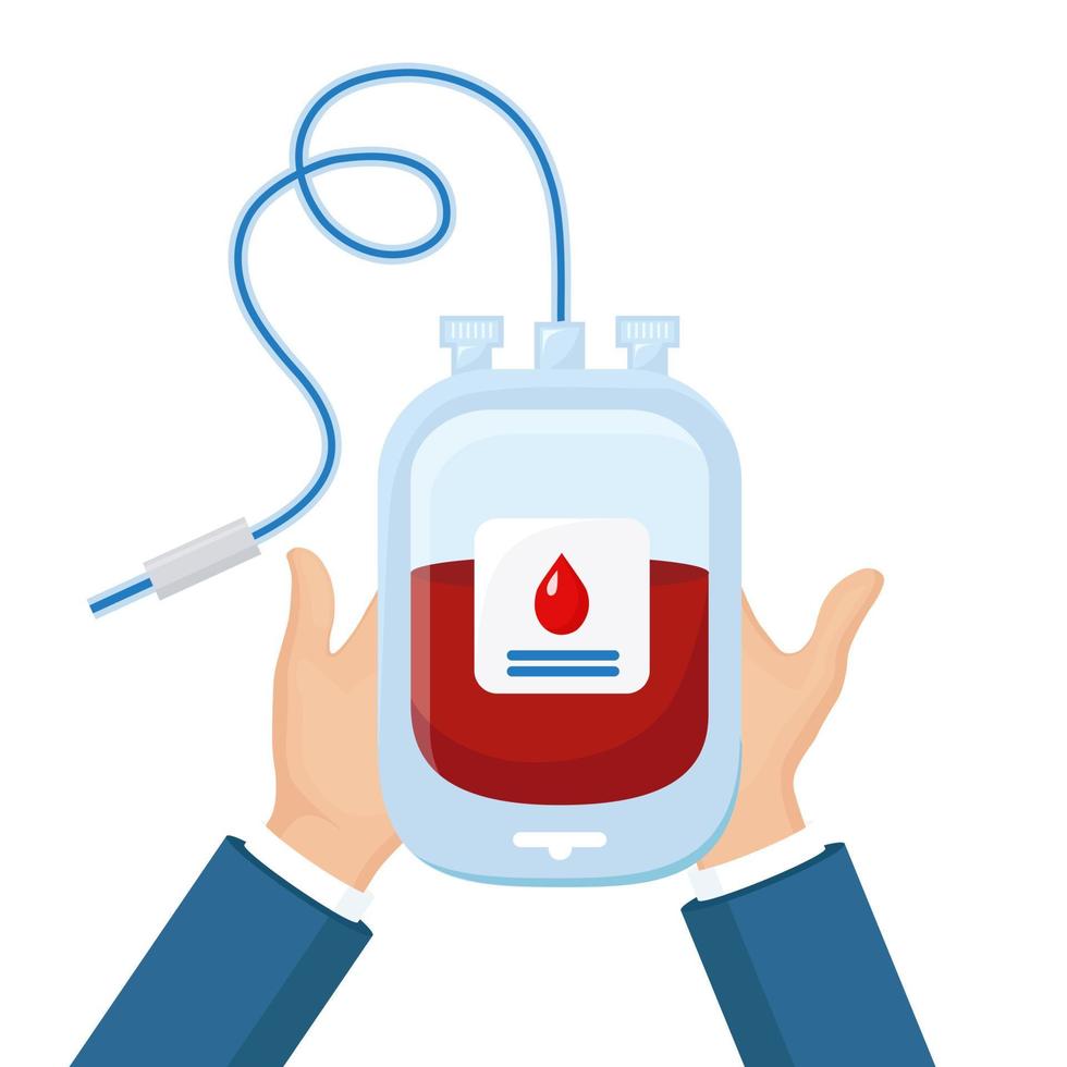 bolsa de sangre con gota roja en mano voluntaria aislada sobre fondo blanco. donación, transfusión en concepto de laboratorio de medicina. salvar la vida del paciente. paquete de plasma diseño plano vectorial vector