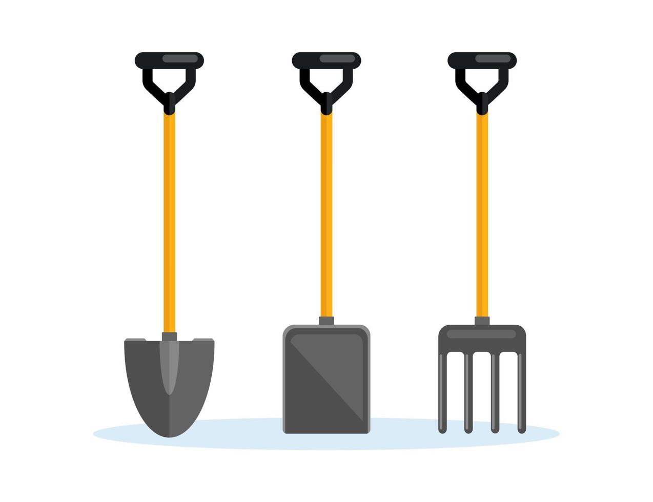 Shovel, spade, pitchfork, farm fork isolated on background. Garden tools, digging element, equipment for farmer. Spring work. Vector cartoon flat design