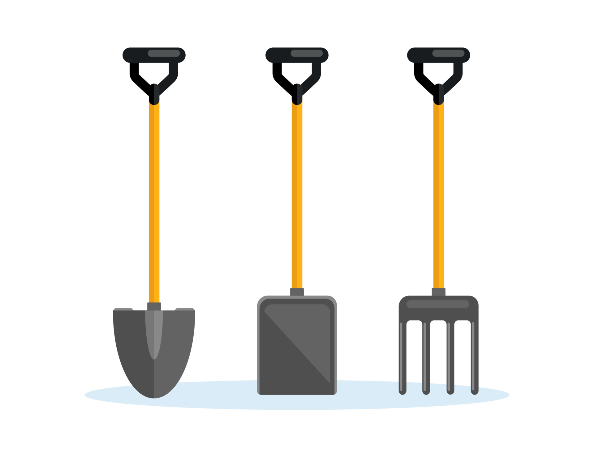 Shovel, spade, pitchfork, farm fork isolated on background. Garden tools, digging element