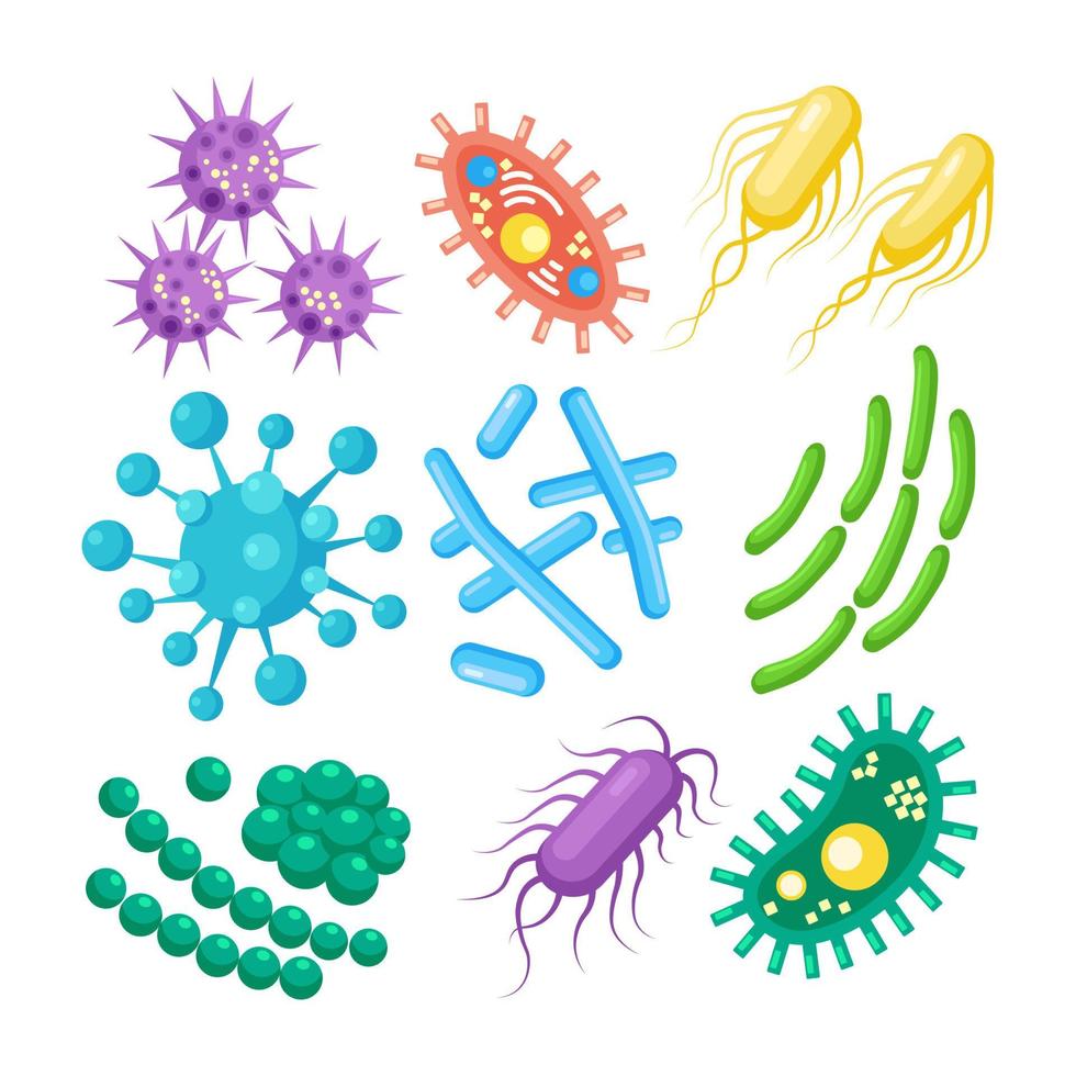 Set of bacteria, microbes, virus, germs. Disease-causing object isolated on background. Bacterial microorganisms, probiotic cells. Vector cartoon design.