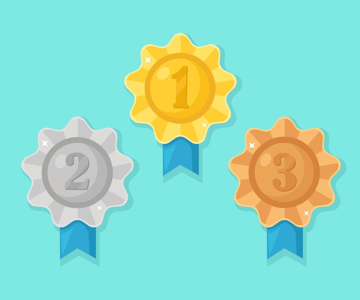 Gold, silver, bronze medal for first place. Trophy, award for winner  isolated on blue background. Set of golden badge with ribbon. Achievement, victory. Vector cartoon illustration Flat design