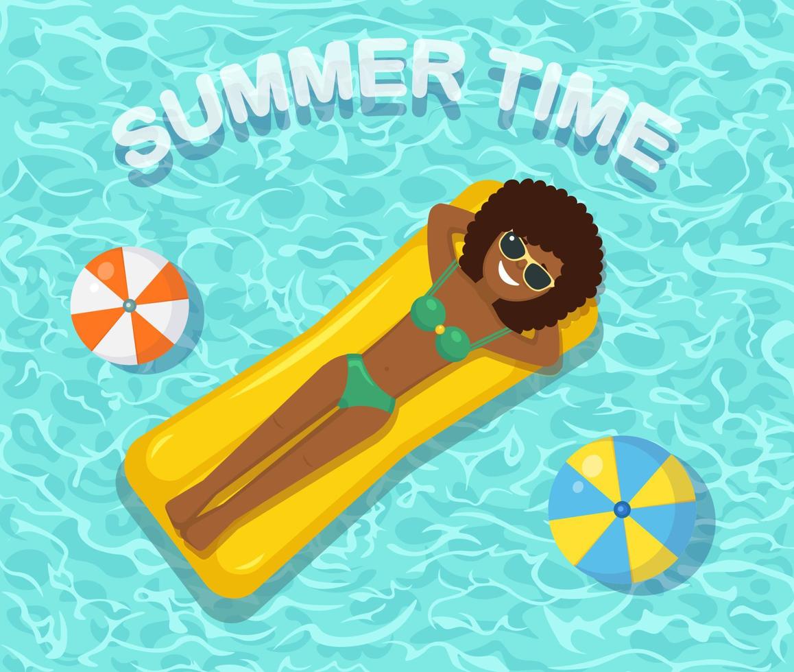 Smile girl swims, tanning on air mattress in swimming pool. Woman floating on toy isolated on water background. Inflatable circle. Summer holiday, vacation, travel time. Vector flat illustration