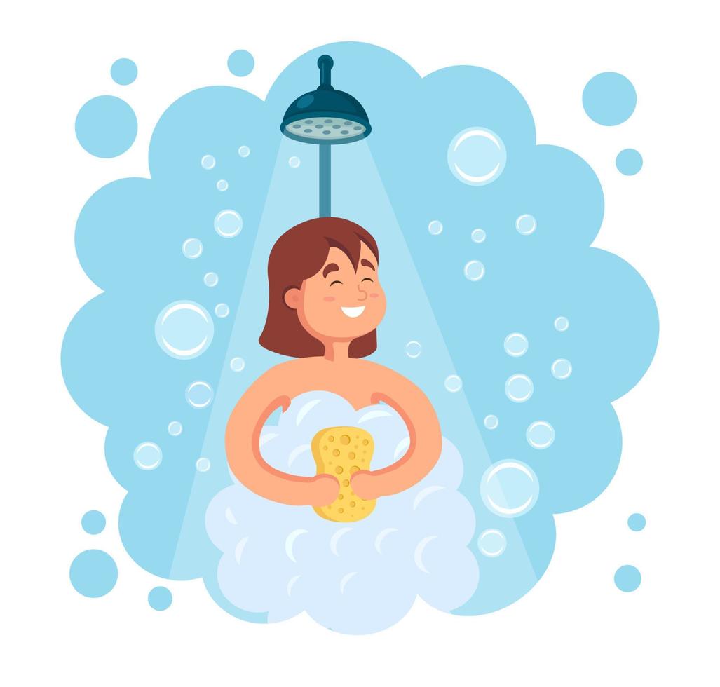 Happy woman taking shower in bathroom. Wash head, hair, body, skin with shampoo, soap, sponge. Hygiene, everyday routine. Vector flat cartoon design