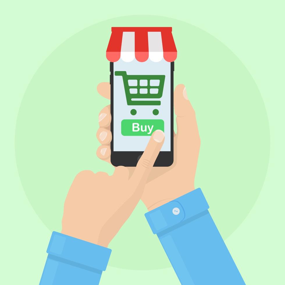 Smartphone with cart sign on screen. Online shopping by mobile app. Ecommerce vector