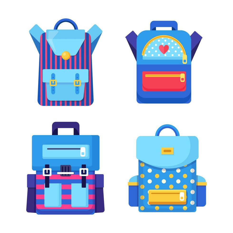 conjunto de mochila escolar. mochila para niños, mochila aislada sobre fondo blanco. bolsa con suministros, regla, lápiz, papel. cartera de pupila. educación infantil, concepto de regreso a la escuela. ilustración plana vectorial vector