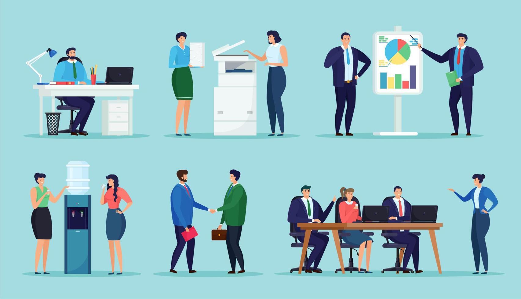 Bundle of male and female office clerks working in office. Managers talking to each other, negotiation, discussing work issues, shaking hands, brainstorming. Women print documents, have a break vector