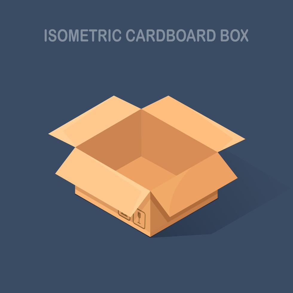 3d isometric opened carton, cardboard box isolated on background. Transportation package in store, distibution concept. Vector cartoon design