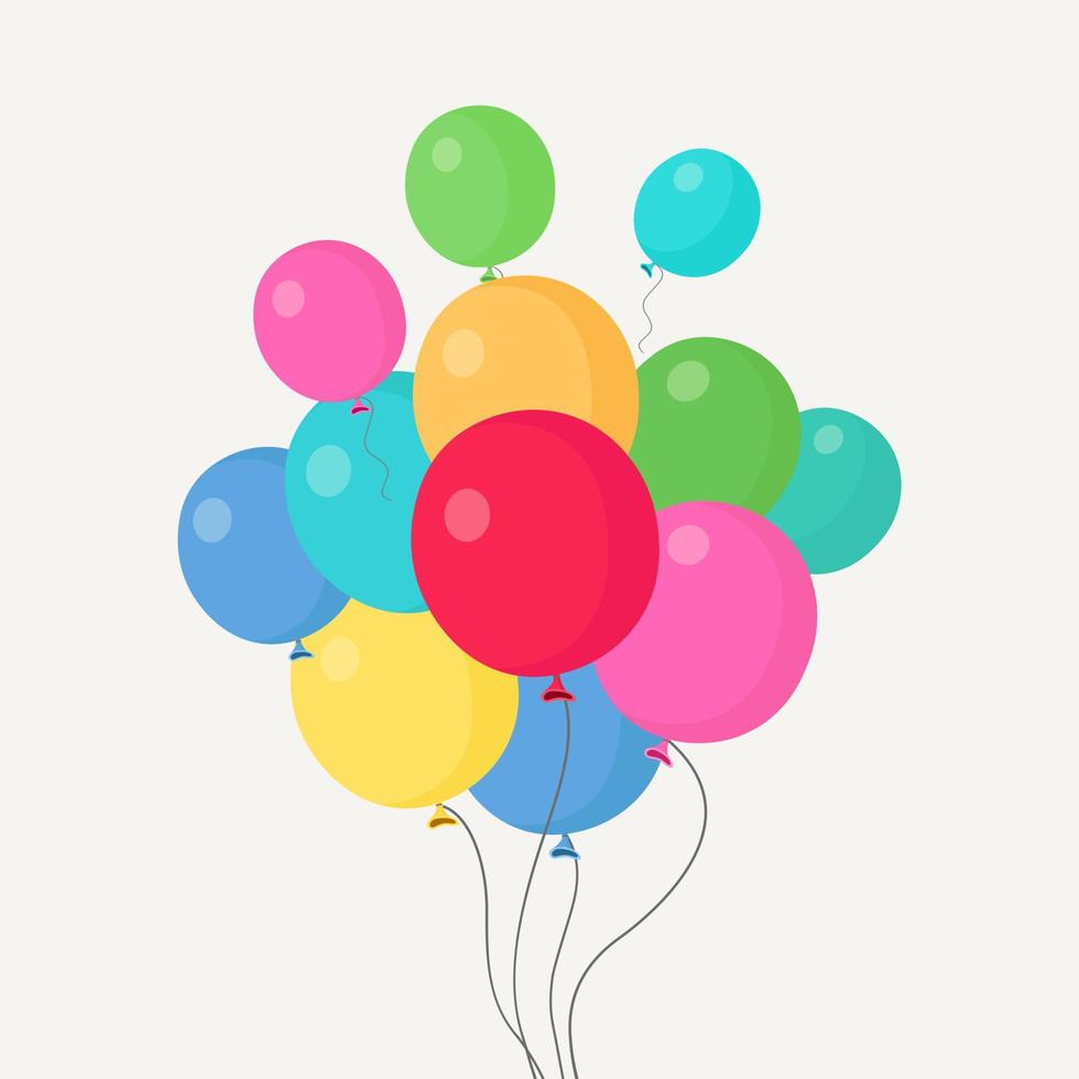 montón de globos de helio, bolas de aire volando en el cielo. feliz cumpleaños, concepto de vacaciones. decoración de fiesta diseño de dibujos animados de vectores