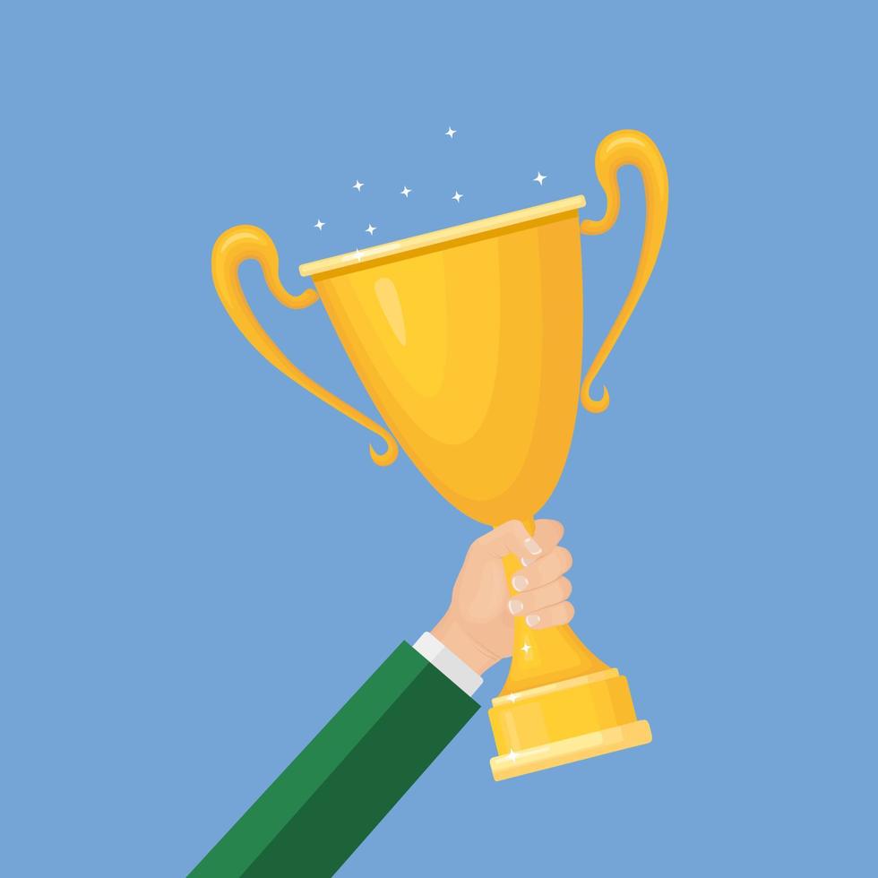 Trophy cup in hand. Gold goblet isolated on background. Awards for winner, champion. Concept of victory, award, championship, leadership, achievement. Vector elements for logo, label, game, app