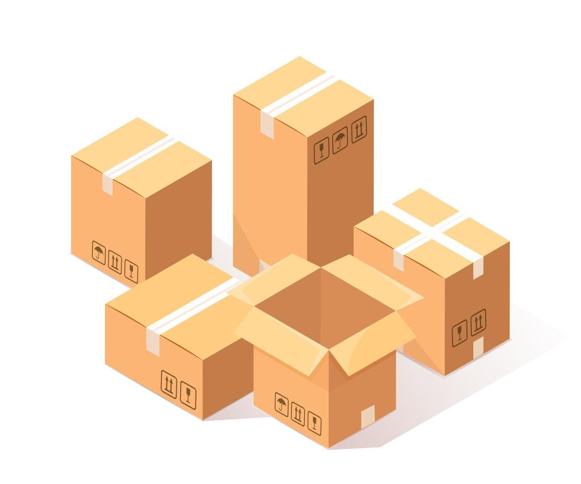 Set of 3d isometric carton, cardboard box isolated on white background. Transportation package in store, distibution concept. Vector cartoon design