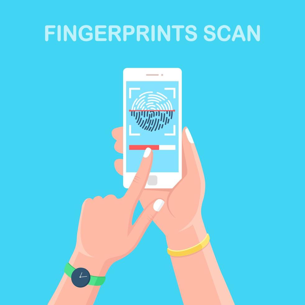 Scan fingerprint to mobile phone. Smartphone id security system. Digital signature concept. Biometric Identification technology, personal access. Vector flat design