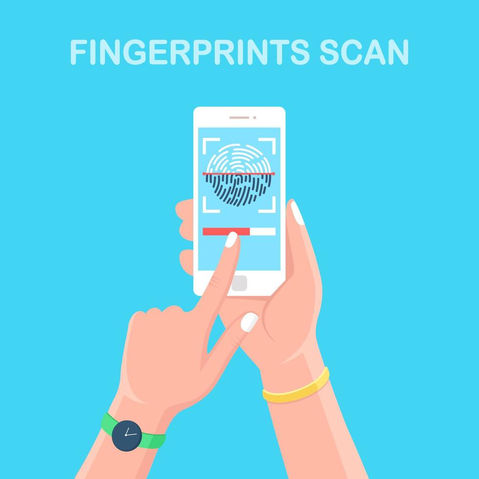 escanear la huella dactilar al teléfono móvil. sistema de seguridad de identificación de teléfono inteligente. concepto de firma digital. tecnología de identificación biométrica, acceso personal. diseño plano vectorial vector