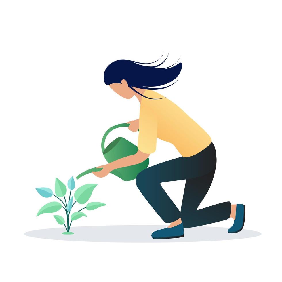 Girl watering plants with leaves in garden. Gardening, botany concept. Vector cartoon design