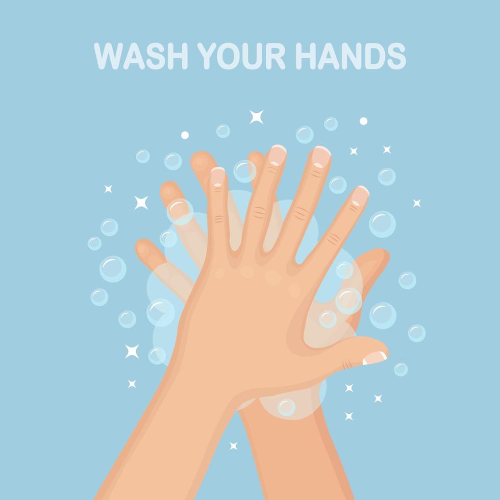 Washing hands with soap foam, scrub, gel bubbles. Personal hygiene, daily routine concept. Clean body. Vector cartoon design