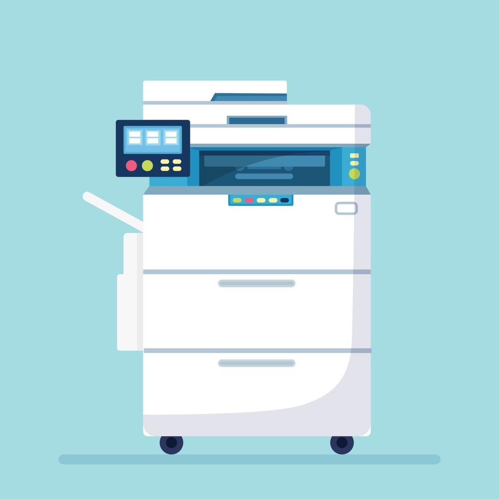 impresora, máquina de oficina. escáner, fotocopiadora, equipo de fax. dispositivo multifunción. concepto de papeleo. diseño de dibujos animados de vectores