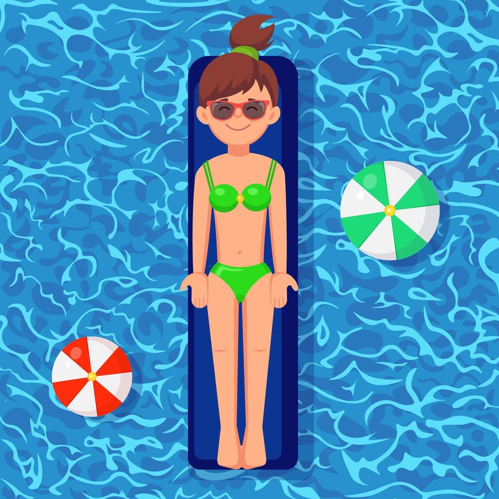 Smile girl swims, tanning on air mattress in swimming pool. Woman floating on toy isolated on water background. Inflatable circle. Summer holiday, vacation, travel time. Vector flat illustration