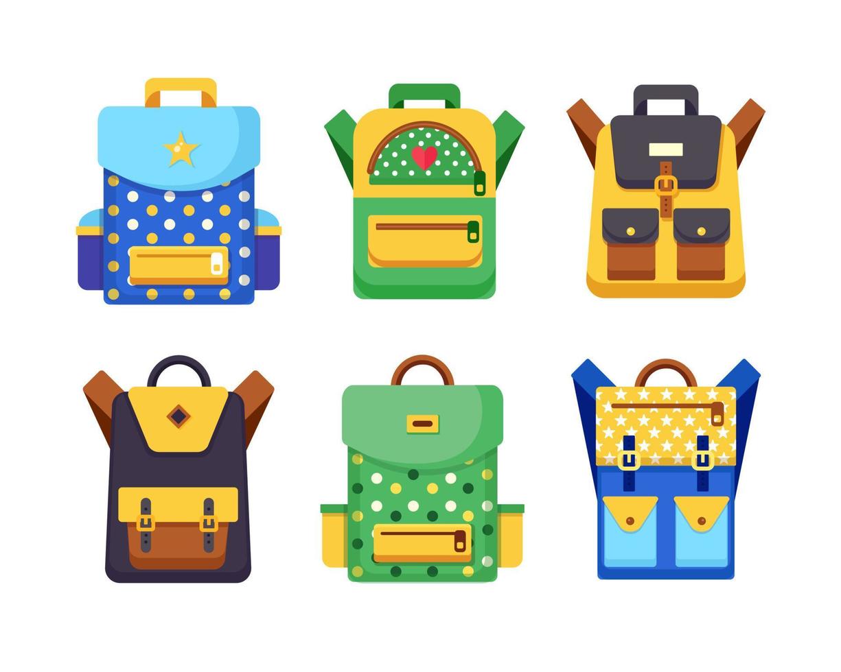 School backpack set. Kids rucksack, knapsack isolated on white background. Bag with supplies, ruler, pencil, paper. Pupil satchel. Children education, back to school concept. Vector flat illustration