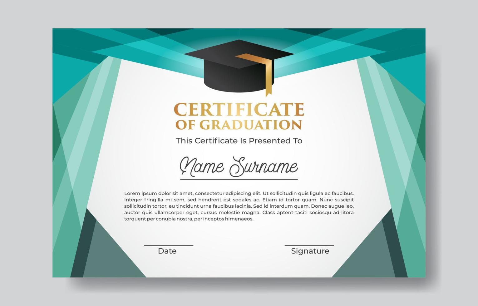 plantilla de certificado de graduación moderno con sombrero de toga vector