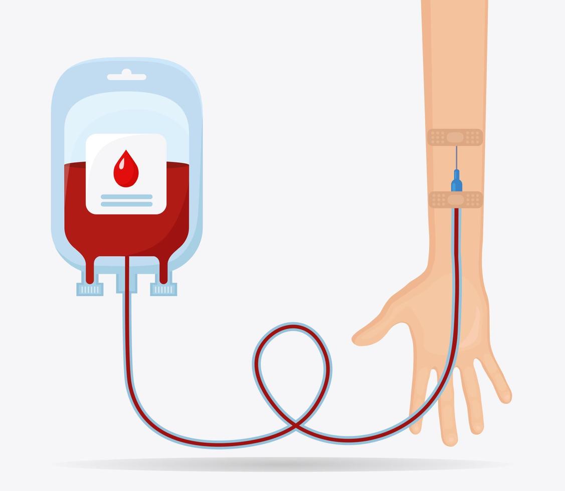 bolsa de sangre con gota roja y mano voluntaria aislada en fondo blanco. donación, transfusión en concepto de laboratorio de medicina. salvar la vida del paciente. diseño plano vectorial vector