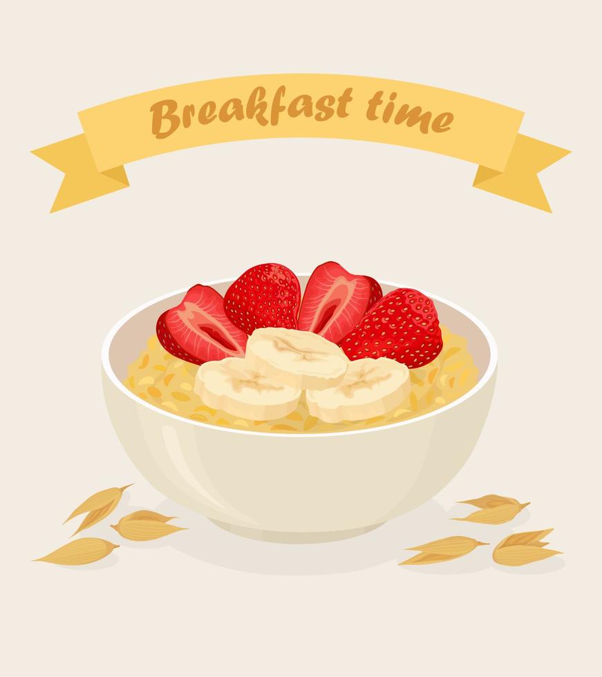 Porridge oats in bowl with bananas, berries, strawberry, nuts and cereals isolated on white background. Healthy breakfast vector