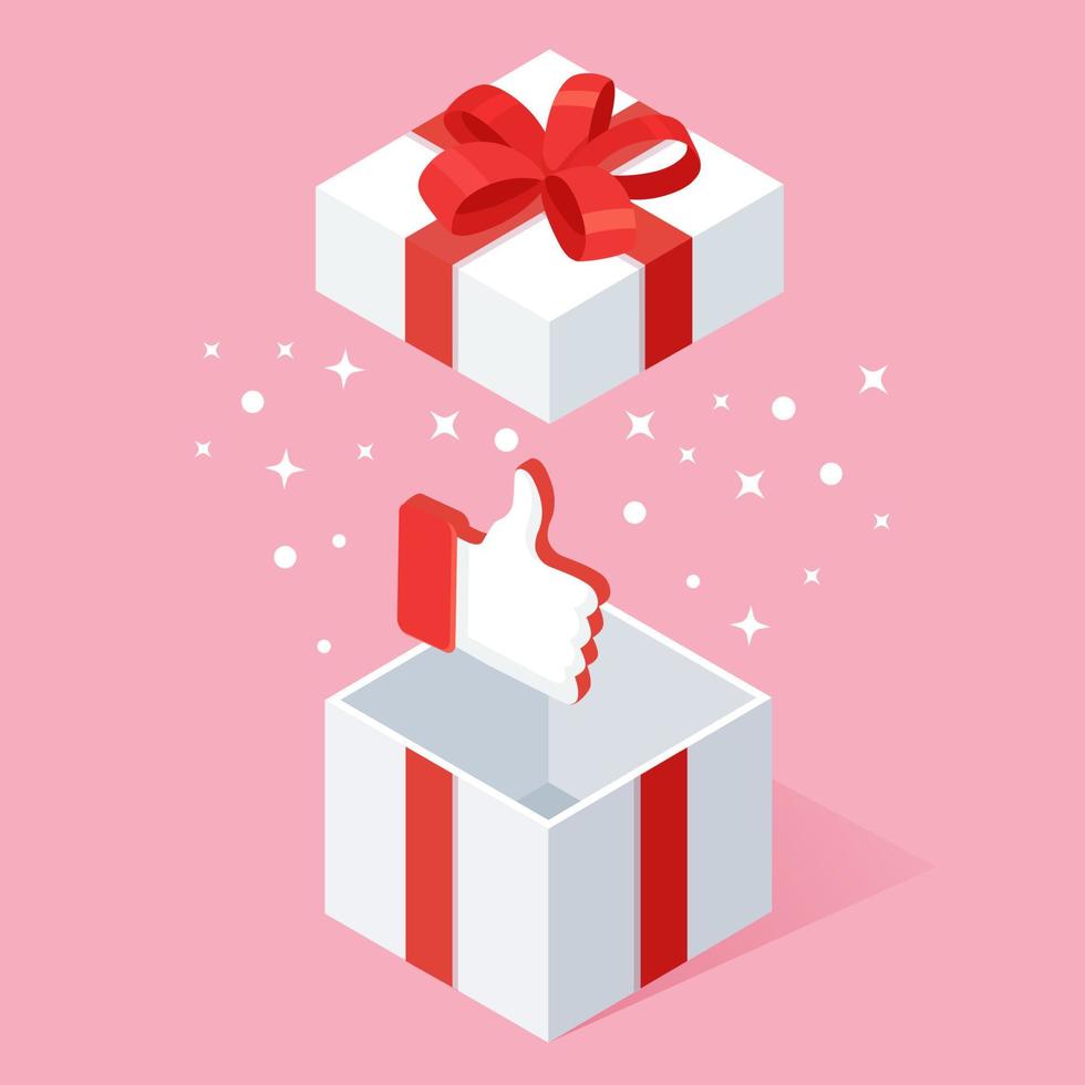Opened gift box with thumbs up isolated on white background. 3d isometric package, surprise with confetti. Testimonials, feedback, customer review concept. Vector cartoon design