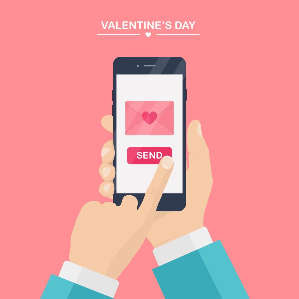 ilustración del día de san valentín. enviar o recibir sms de amor, carta, correo electrónico con teléfono móvil. mano humana sostenga el teléfono celular aislado sobre fondo rosa. sobre con corazón rojo. diseño plano, icono de vector. vector