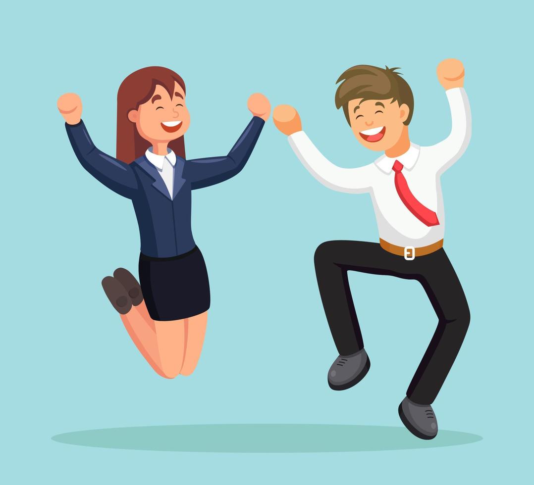 Happy business people jumping for joy. Smiling man and woman in suit isolated on background. Employee celebrate success, victory, good work. Vector illustration. Flat design