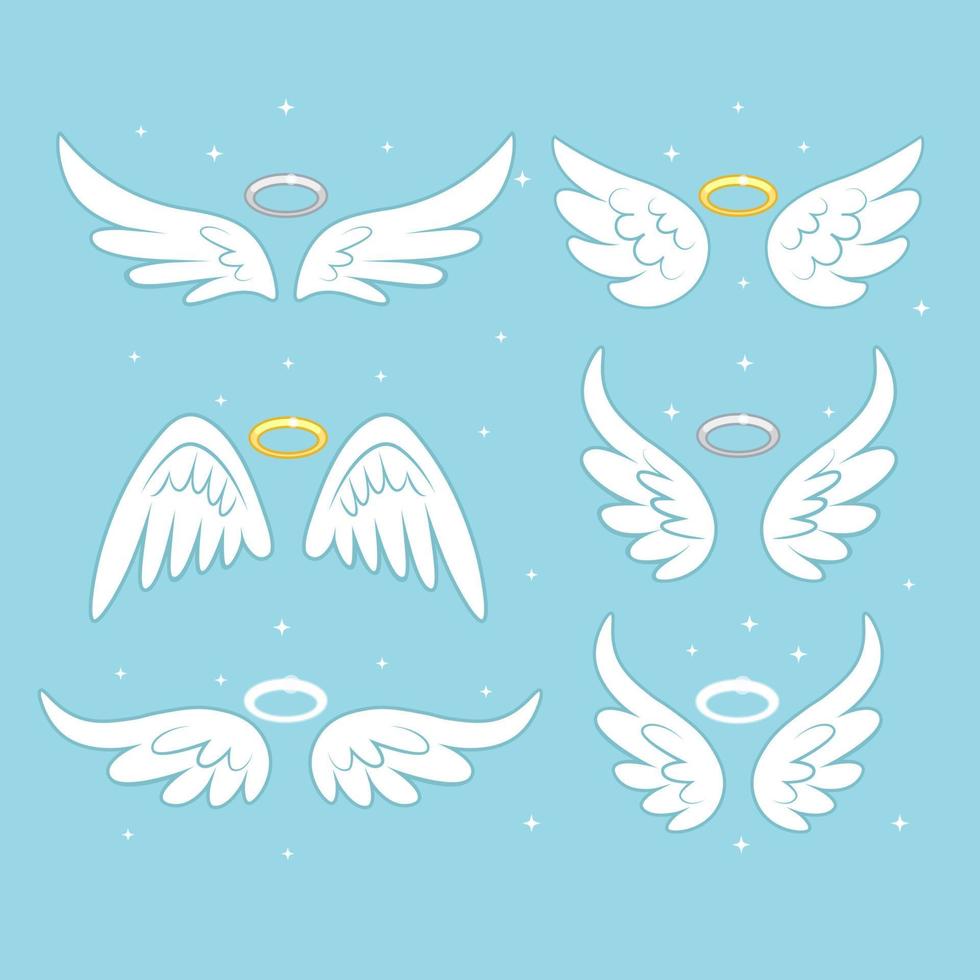 Sparkle angel fairy wings with gold nimbus, halo isolated on background. Vector cartoon design.