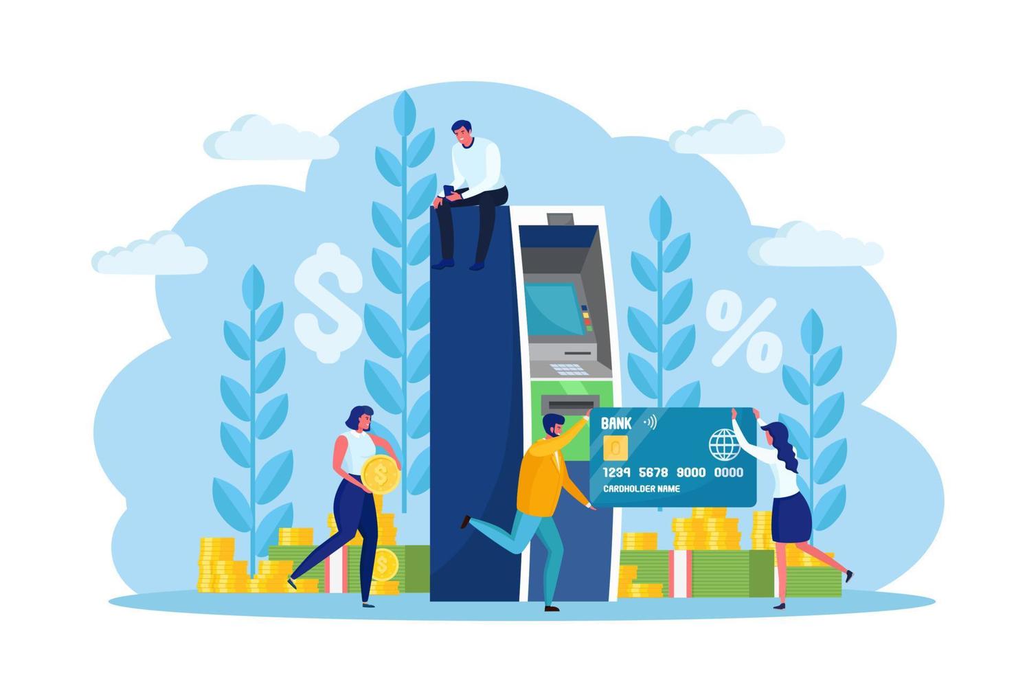 ATM bank terminal. Woman, man customer standing near credit card reader machine and withdraw money. Character with cash, currency. Vector cartoon design