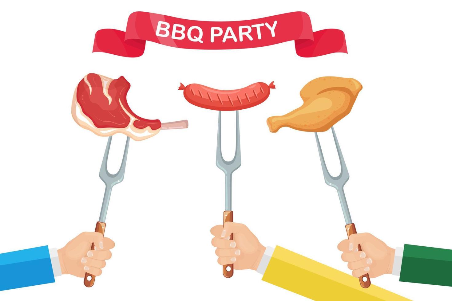 Grill hot chicken ham, sausage, beef ribs, steak with fork in hand isolated on white background. Fried meat. Festival ribbon. Barbecue icon. BBQ picnic, family party. Cookout event. Vector flat design