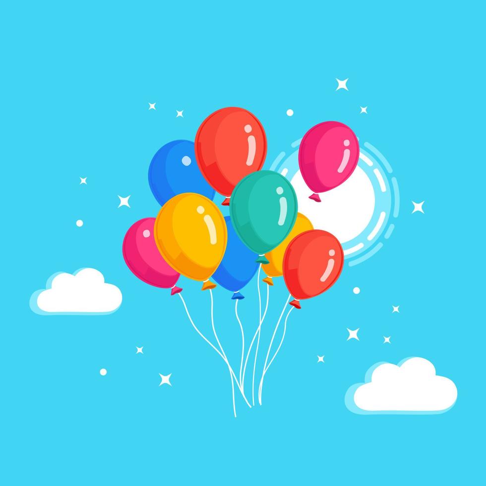 montón de globos de helio, bolas de aire volando en el cielo con nubes. feliz cumpleaños, concepto de vacaciones. decoración de fiesta diseño de dibujos animados de vectores