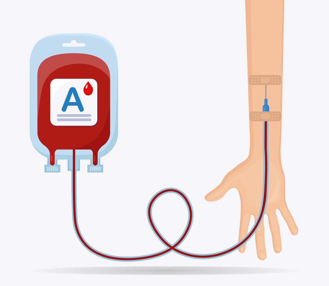 bolsa de sangre con gota roja y mano voluntaria aislada en fondo blanco. donación, transfusión en concepto de laboratorio de medicina. salvar la vida del paciente. diseño plano vectorial vector