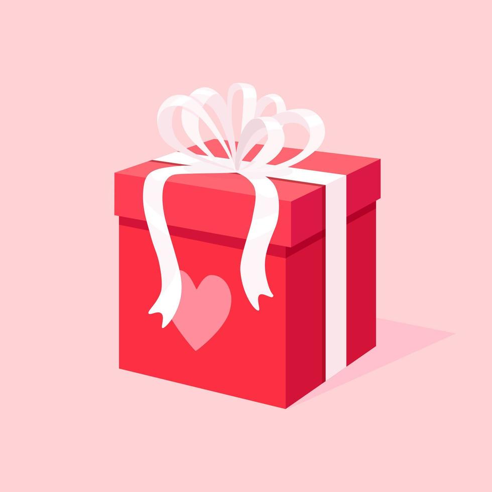 Gift box with bow, ribbon, heart isolated on background. 3d isometric package, surprise with confetti. Sale, shopping. Valentines day, holiday, christmas, birthday concept. Vector cartoon design