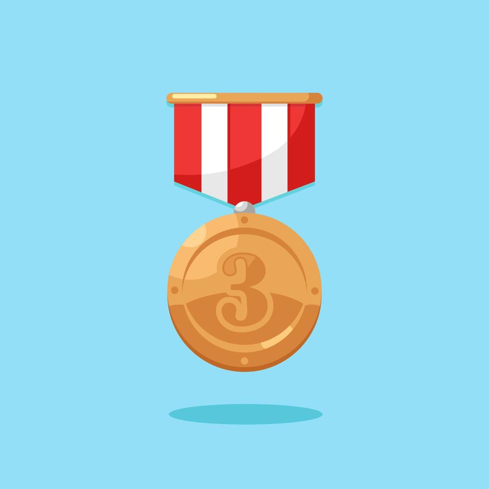 Bronze medal with ribbon for third place. Trophy, winner award isolated on  background. Badge icon. Sport, business achievement, victory concept. Vector flat design