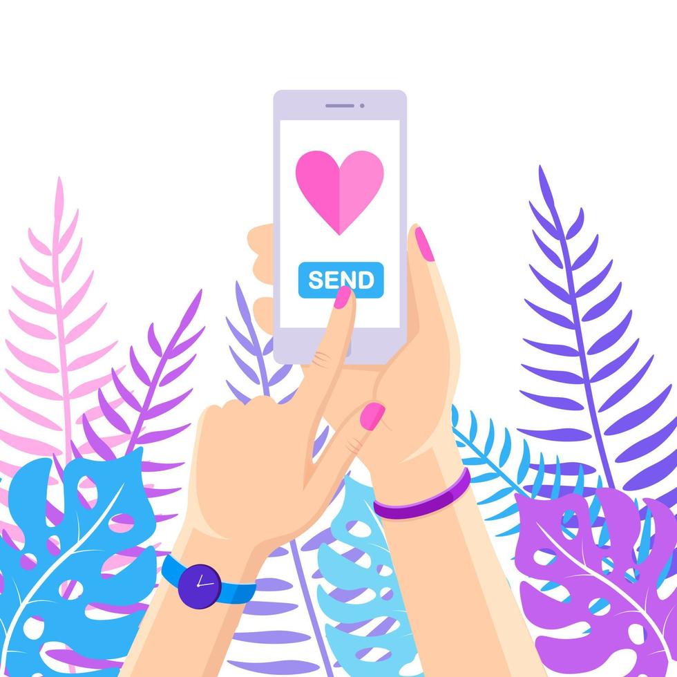 Valentine's day illustration. Send or receive love sms, letter, email with mobile phone. White cellphone with red heart icon in hand isolated on background. Vector flat design
