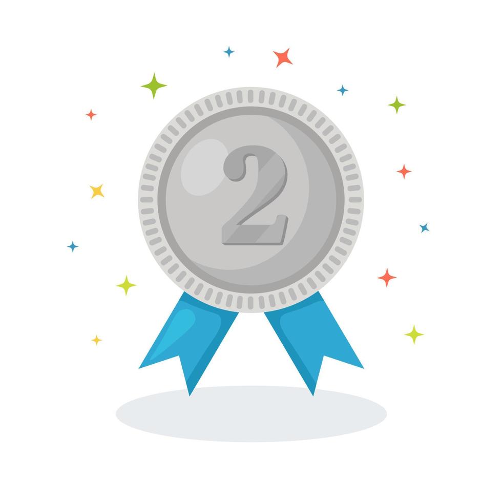 Silver medal with blue ribbon for second place. Trophy, winner award isolated on white background. Badge icon. Sport, business achievement, victory concept. Vector flat design