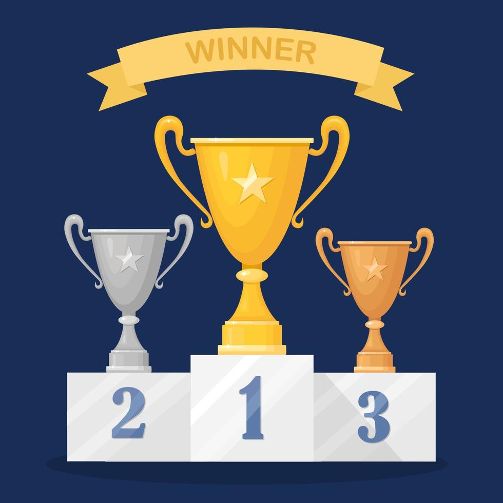 Trophy cup on pedestal. Gold,silver, bronze goblet isolated on background. Awards for winner, champion. Concept of victory, award, championship, leadership, achievement. Vector flat design