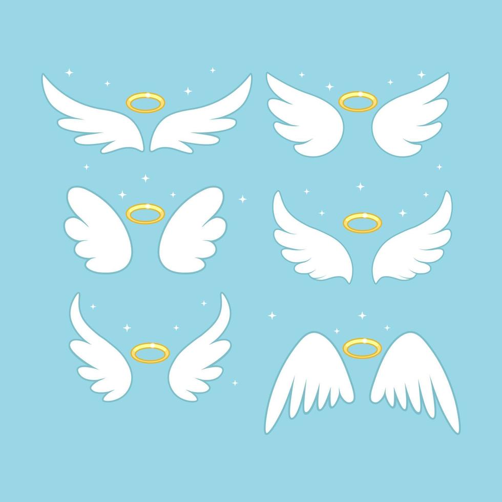 Sparkle angel fairy wings with gold nimbus, halo isolated on background. Vector cartoon design.