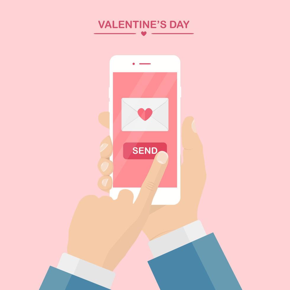 Valentine's day illustration. Send or receive love sms, letter, email with mobile phone. Human hand hold cellphone isolated on pink background. Envelope with red heart. Flat design, vector icon.